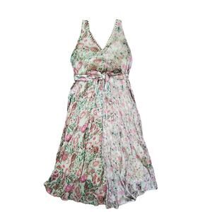 Hemant & Nandita (Revolve) Nina Green Pink Sparkly Floral Midi Dress, Size XS